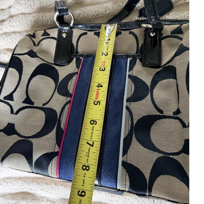 Coach Signature Stripe Satchel Bag Black Khaki Canvas Patent Leather F25526