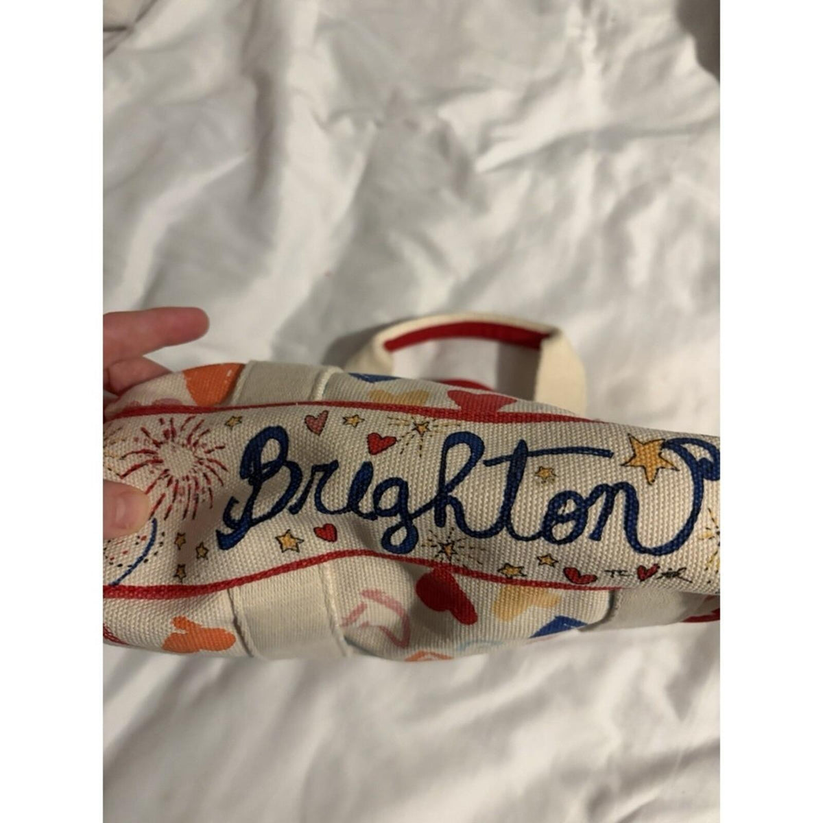 Brighton Love Heart Canvas Tote Bag Womens Small Ivory Red Blue