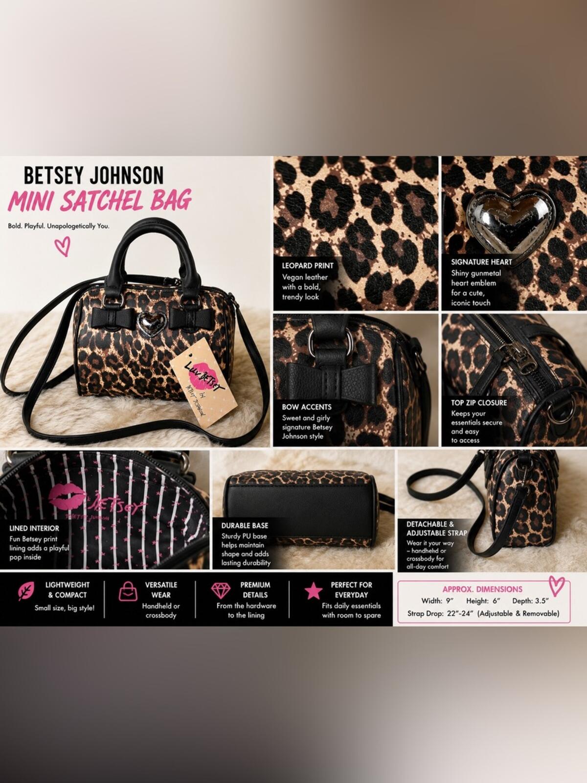 NWT Betsey Johnson Luv Betsey Leopard Mini Satchel Crossbody Bow Heart Bag