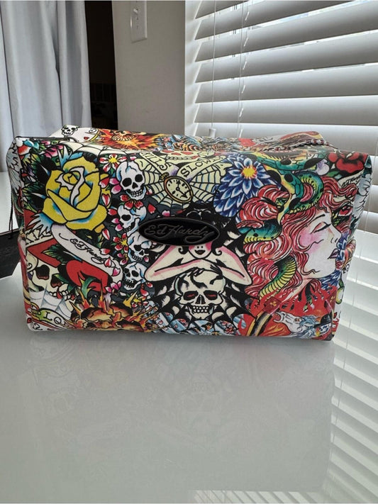 Ed Hardy Multicolor Tattoo Print Zipper Pouch Cosmetic Travel Bag