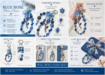 Blue Rose Beaded Phone Charm Y2K Coquette Wristlet Strap