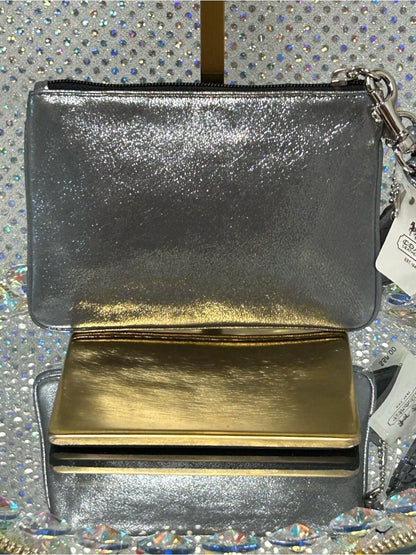 Coach Poppy Metallic Silver Wristlet Gold Accent NWT