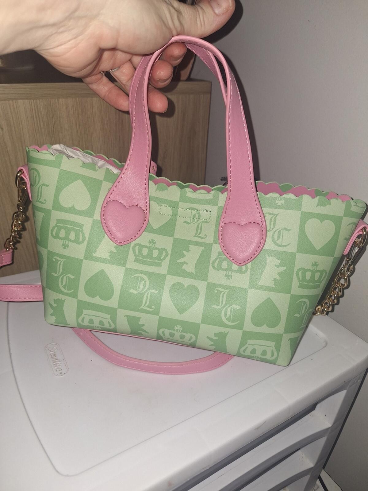 Juicy Couture Sweet Break Time Green Pink Checkerboard Tote Heart Charm