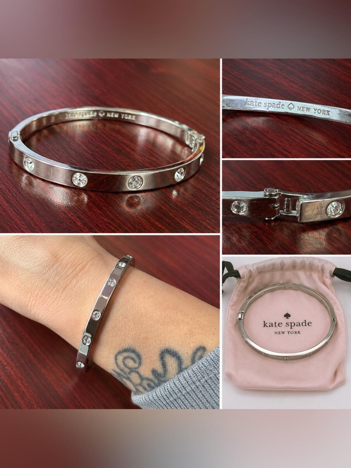 Kate Spade Set In Stone Silver Tone Crystal Hinged Bangle Bracelet