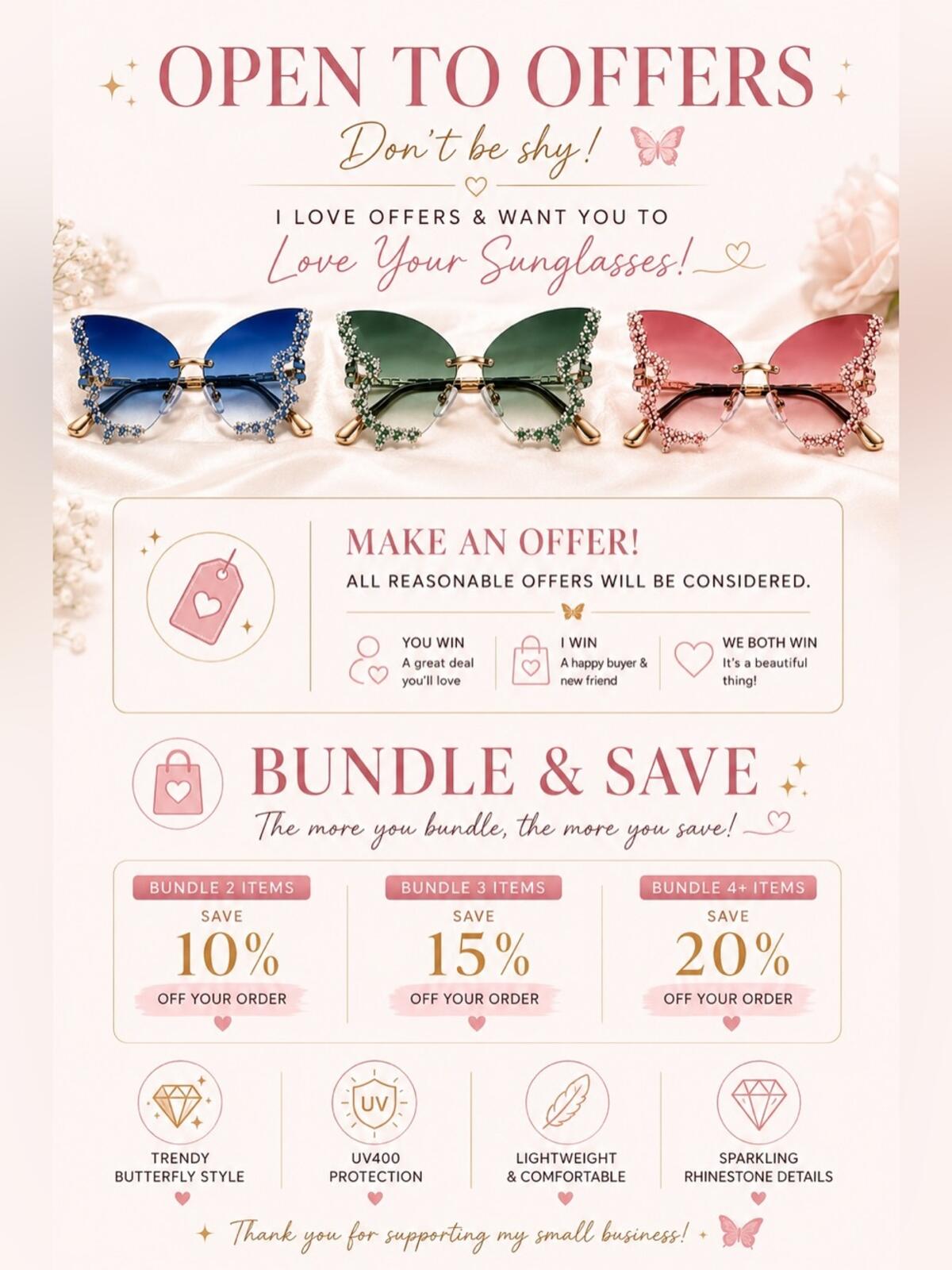 Sanrio rose Ombre Butterfly Rhinestone Sunglasses
