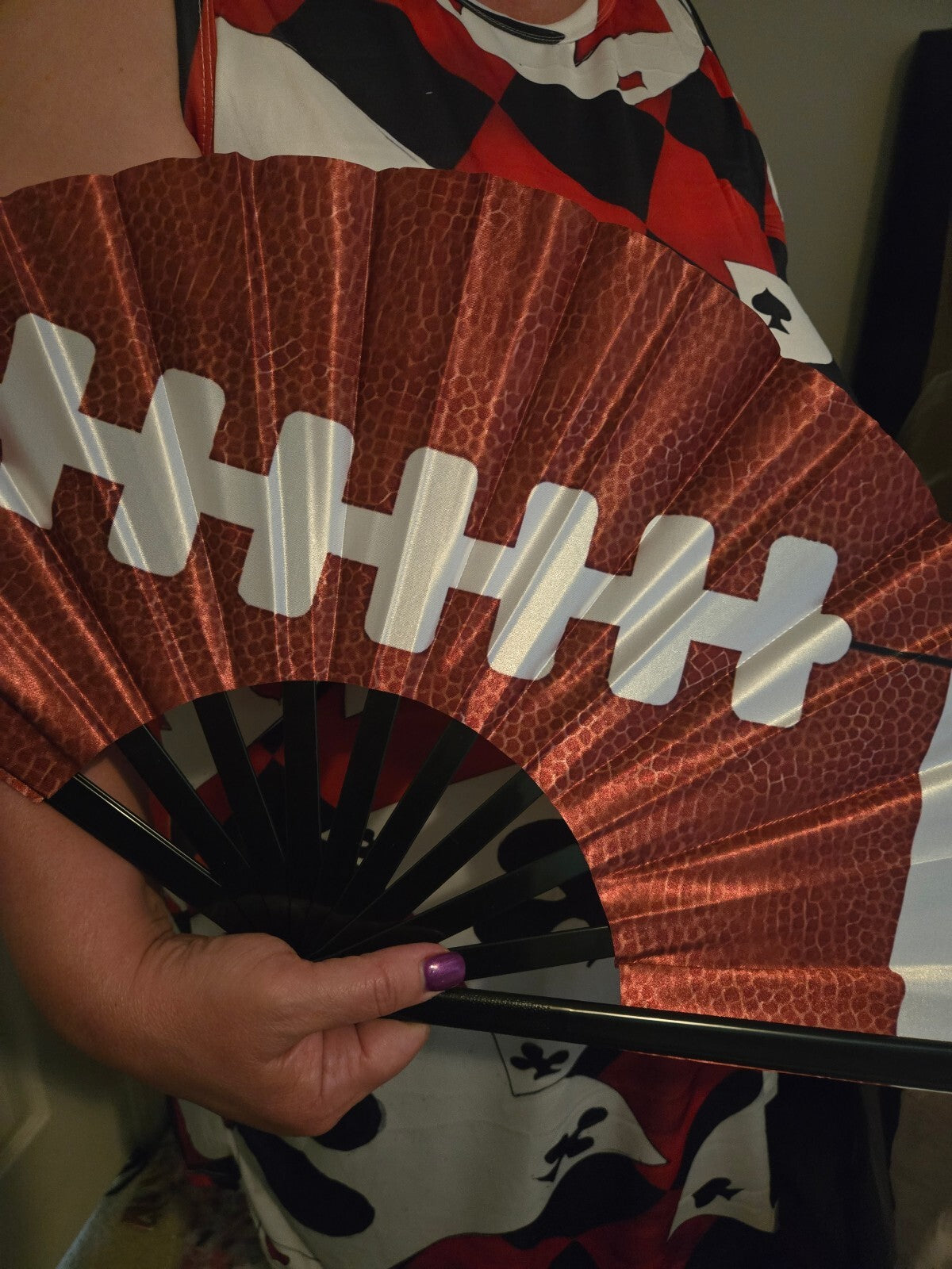 Large Football Folding Hand Fan Silky Fabric Game Day 24 Inch NWOT