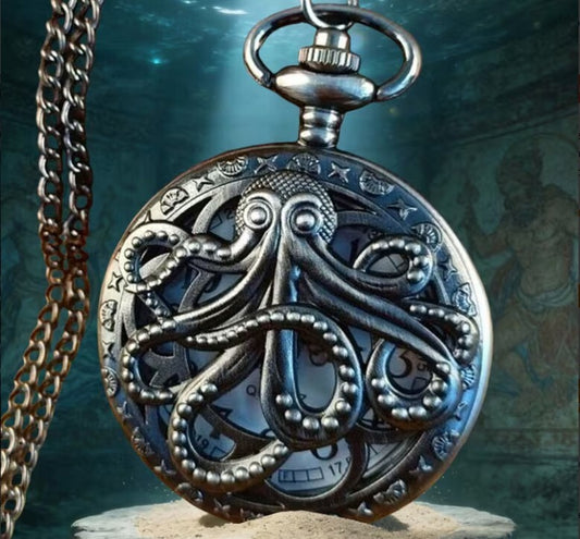 Vintage Bronze Octopus Kraken Pocket Watch with Chain - Steampunk Style