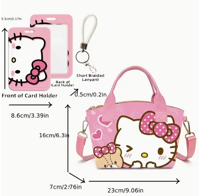 Hello Kitty Pink Mini Handbag with Matching Card Holder and Braided Lanyard Set