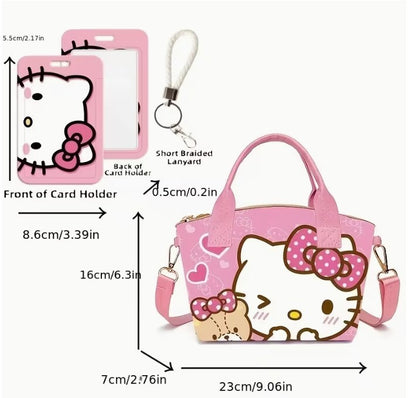 Hello Kitty Pink Mini Handbag with Matching Card Holder and Braided Lanyard Set