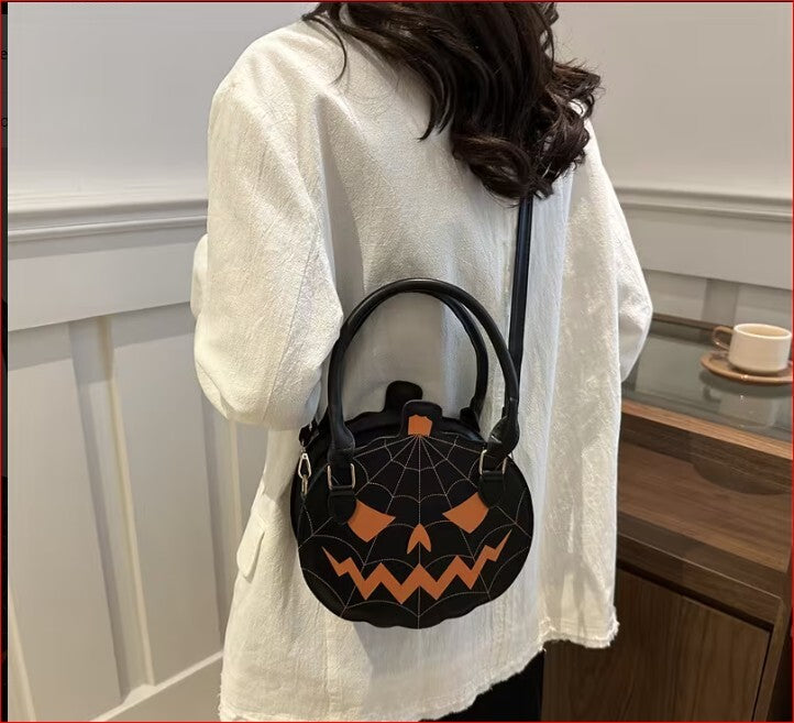 Halloween Pumpkin Face Black Handbag with Spider Web Stitching nwot