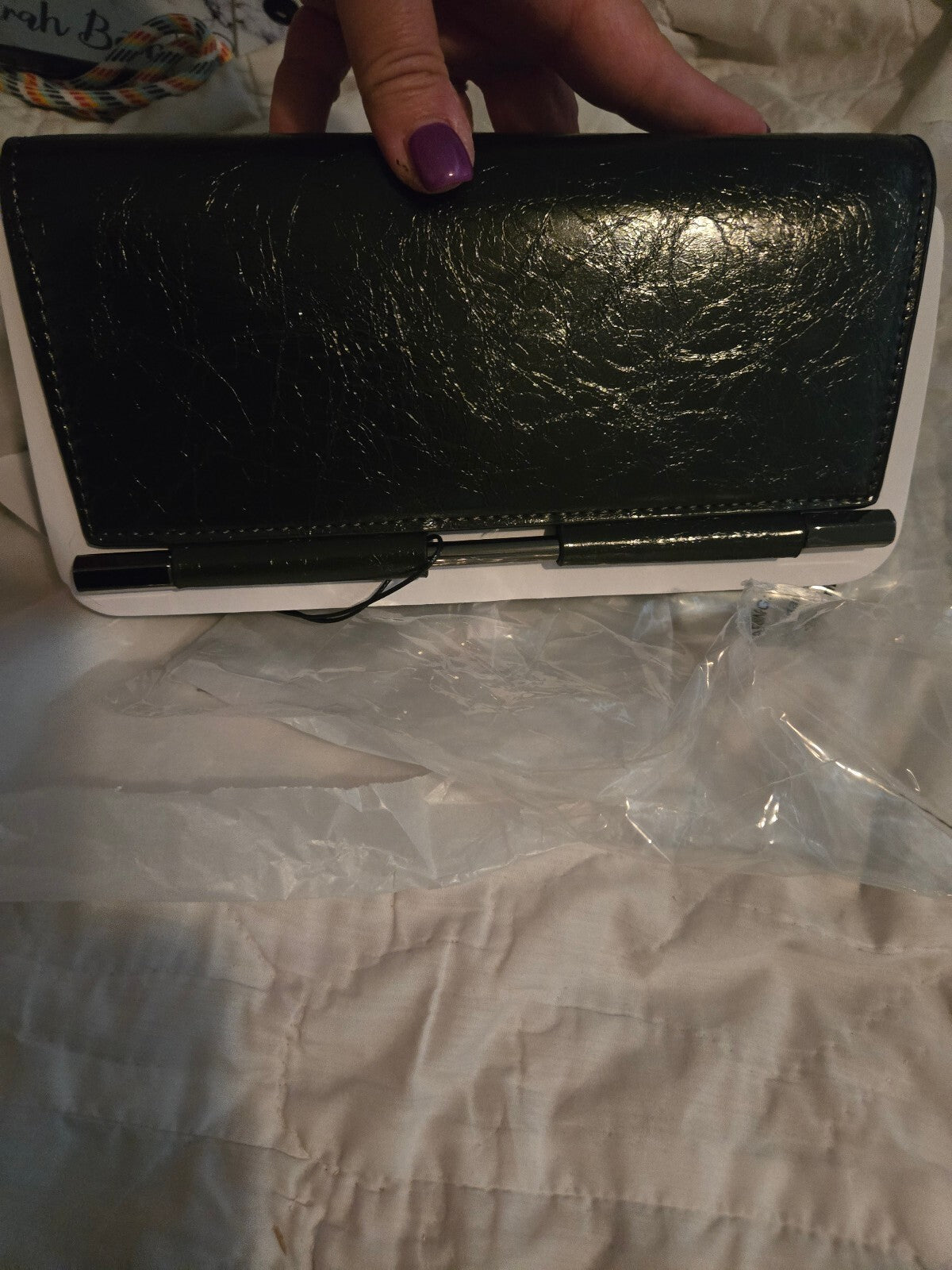 BCBG Bar Hardware Black Metallic Embossed Clutch NWT