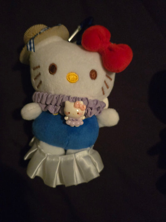 Sanrio Hello Kitty Plush Keychain with Blue Outfit and White Skirt