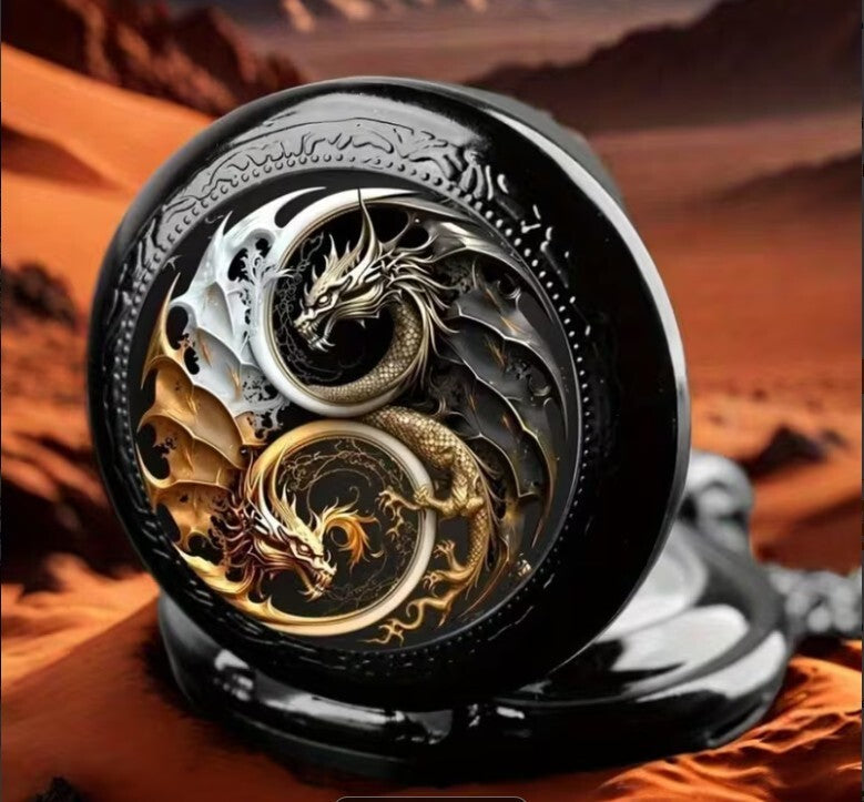 Black Dragon Yin Yang Pocket Watch with Chain NWOT