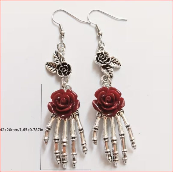 Silver Tone Skeleton Hand Earrings with Red Rose Accent
