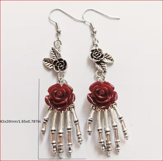 Silver Tone Skeleton Hand Earrings with Red Rose Accent