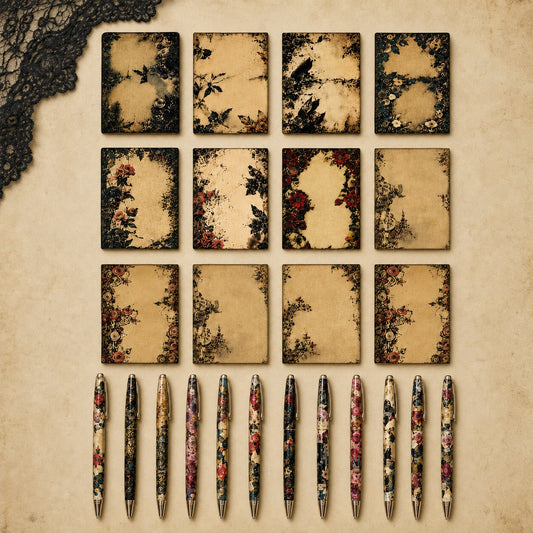 Vintage Floral and Gothic Design Notepad and Pen Set - 12 Notepads & 12 Pens