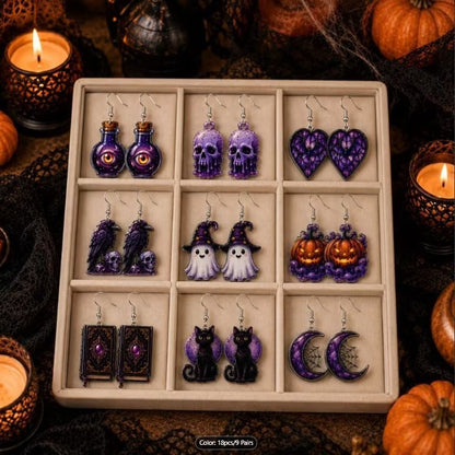 Halloween Earring Lot 9 Pairs Purple Gothic Pumpkin Ghost Skull Set 2D