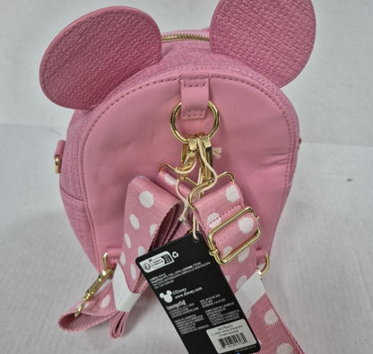 Loungefly Disney Minnie Mouse Pink Polka Dot Bow Woven Straw Mini Backpack NWT