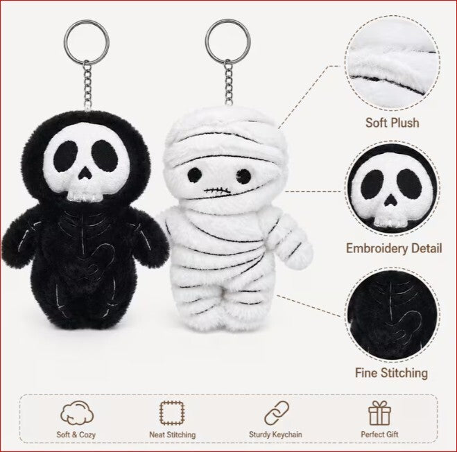 2pcs Halloween Plush Keychain Set - Skeleton & Mummy Soft Plush Keyrings