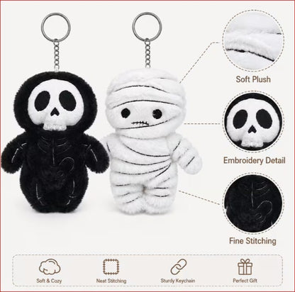 2pcs Halloween Plush Keychain Set - Skeleton & Mummy Soft Plush Keyrings