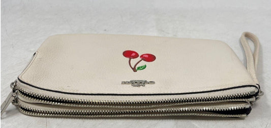 Coach Cherry Print Double Corner Zip Pebble Leather Wristlet Wallet
