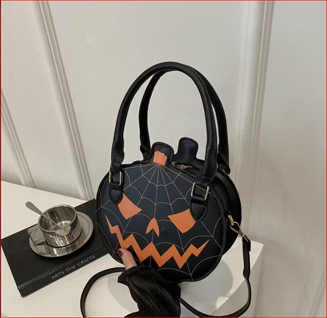 Halloween Pumpkin Face Black Handbag with Spider Web Stitching nwot