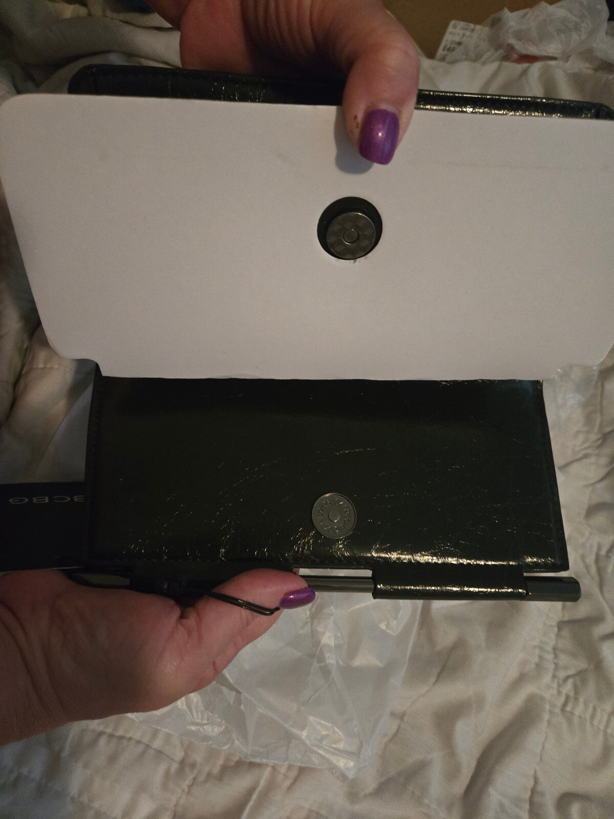 BCBG Bar Hardware Black Metallic Embossed Clutch NWT