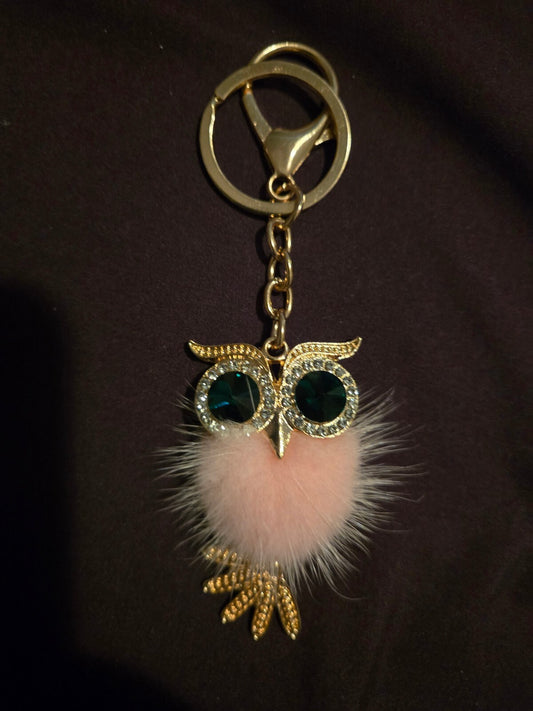 Pink Faux Fur Rhinestone Owl Bag Charm Keychain