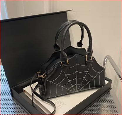 Black Spider Web Pattern Handbag with Detachable Strap - Casual Streetwear Purse