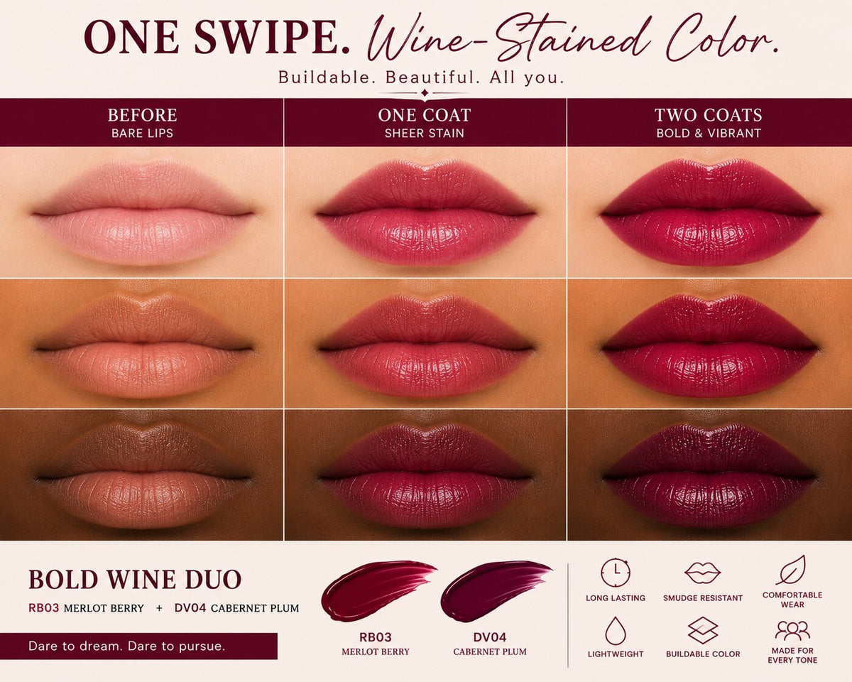 Aliver Wine Lip Tint Duo RD01 Shiraz RD03 Merlot Burgundy New Sealed