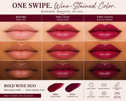 Aliver Wine Lip Tint Duo RD01 Shiraz RD03 Merlot Burgundy New Sealed