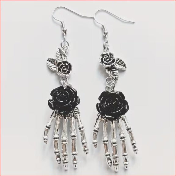 Unique Gothic Skeleton Hand and Black Rose Earrings
