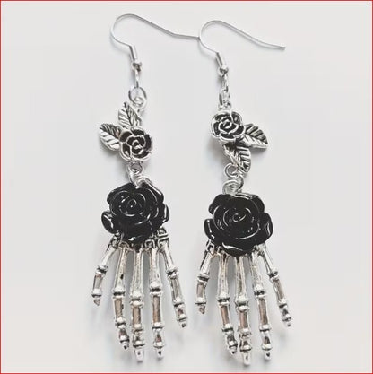 Unique Gothic Skeleton Hand and Black Rose Earrings
