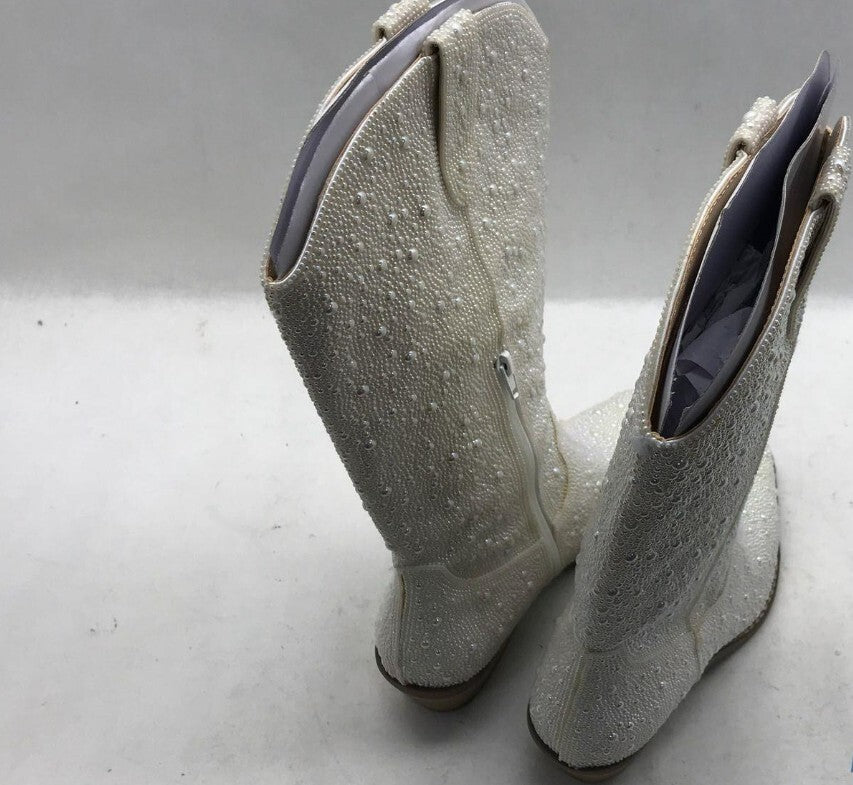 Betsey Johnson SB-Dalas White Rhinestone Knee High Western Boots 8.5M