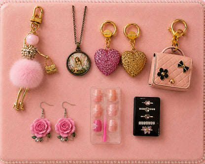 Blush & Sparkle Coquette Accessory Bundle - Pink Fluffy Keychain, Fairy Pendant,