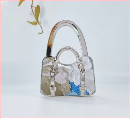 NWT Miniature Silver Tone Purse Bag Hook Hanger with Floral Design-Ink Blue