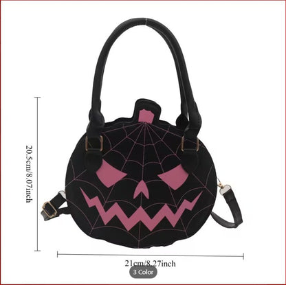 Halloween Pumpkin Face Black and Purple Round Handbag with Strap