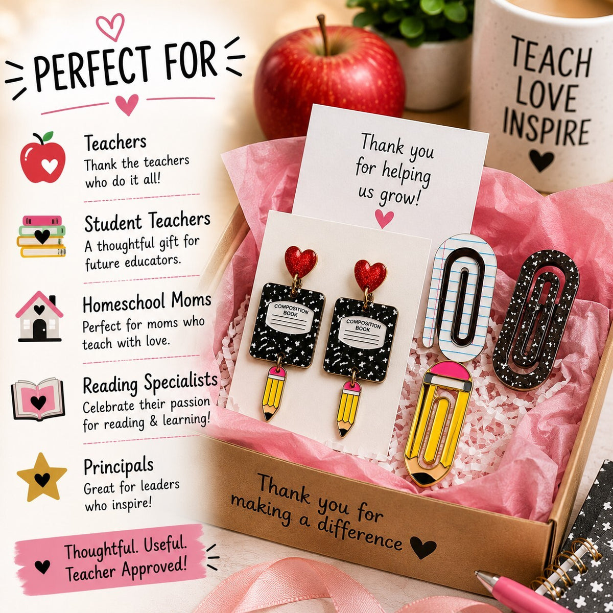 Back to School Teacher Gift Bundle Composition Book Earrings & Paperclips New