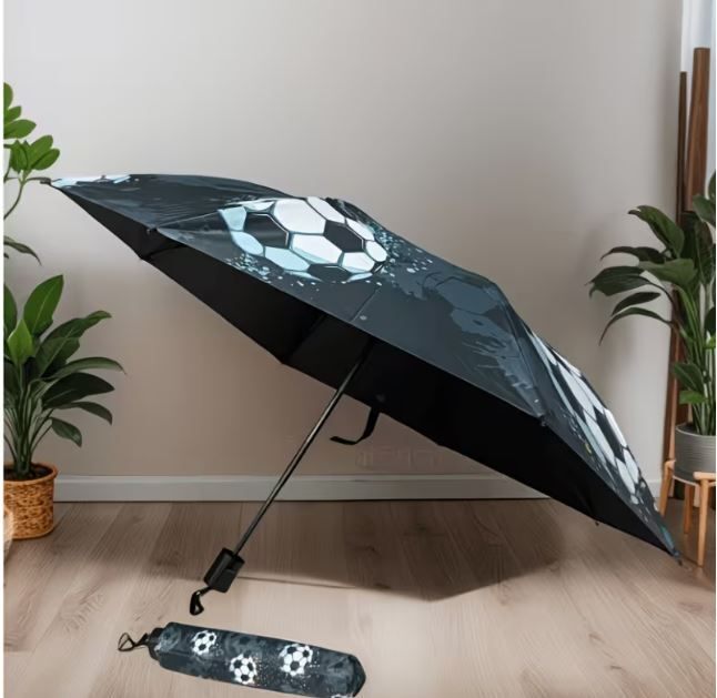 Soccer Ball Print Compact Folding Umbrella Windproof Lightweight Travel Rain UV