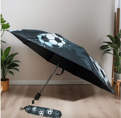 Soccer Ball Print Compact Folding Umbrella Windproof Lightweight Travel Rain UV