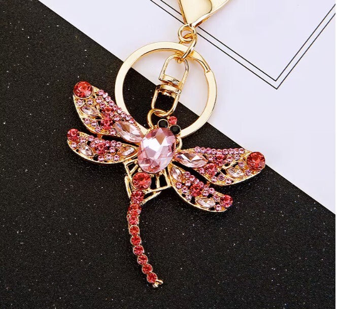 Betsey Johnson Dragonfly Earrings & Pink Crystal Rhinestone Keychain Bundle