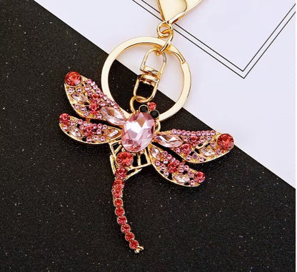 Betsey Johnson Dragonfly Earrings & Pink Crystal Rhinestone Keychain Bundle