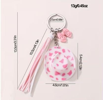 Betsey Johnson Pink Rockstar Guitar Purse & Cow Print Cowboy Hat Keychain