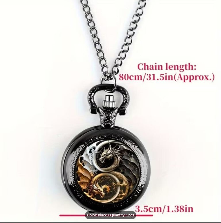 Black Dragon Yin Yang Pocket Watch with Chain NWOT