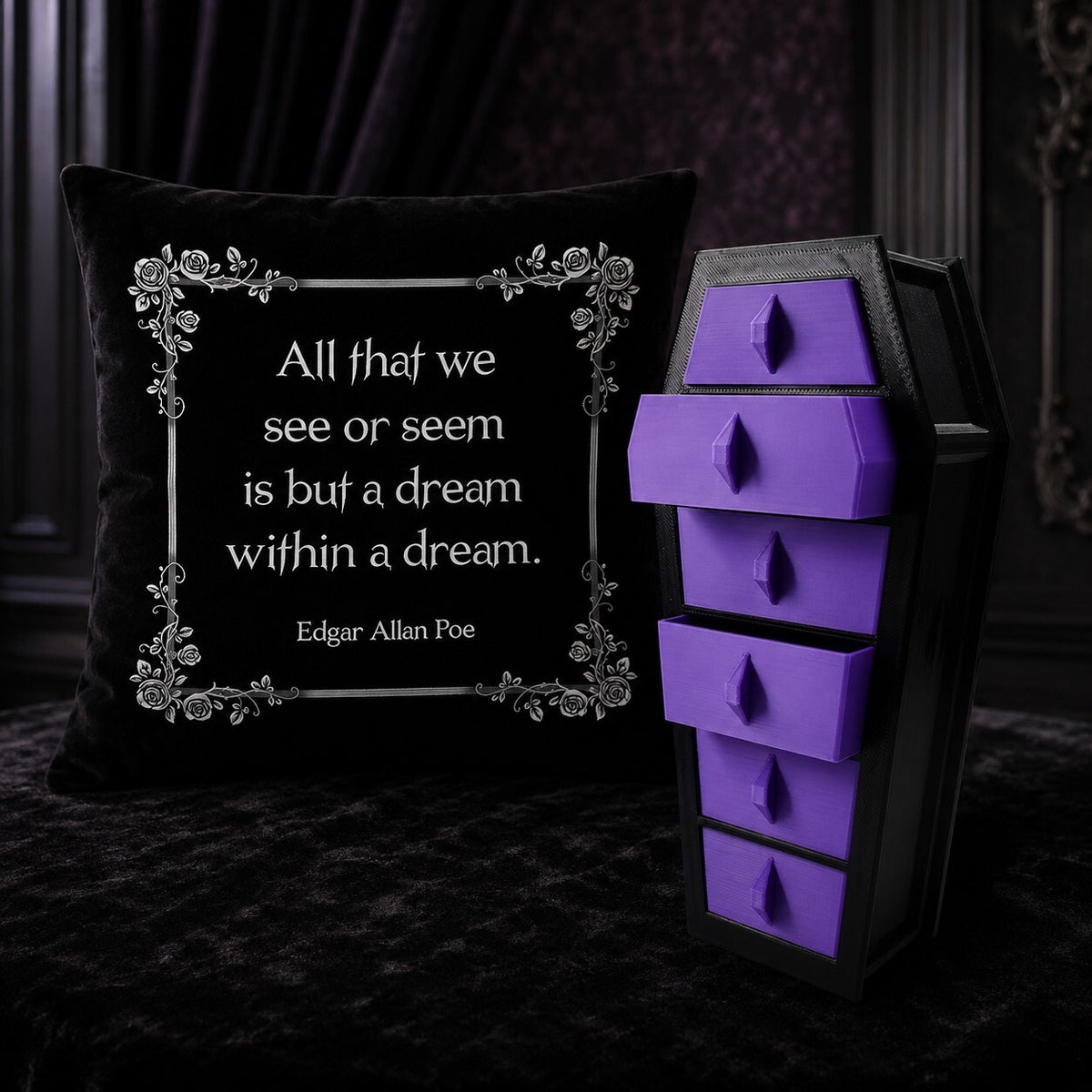 Edgar Allan Poe Quote Decorative Pillow with Coffin Shaped Storage Box