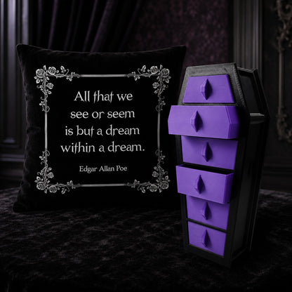 Edgar Allan Poe Quote Decorative Pillow with Coffin Shaped Storage Box