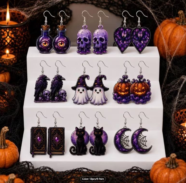 Halloween Earring Lot 9 Pairs Purple Gothic Pumpkin Ghost Skull Set 2D