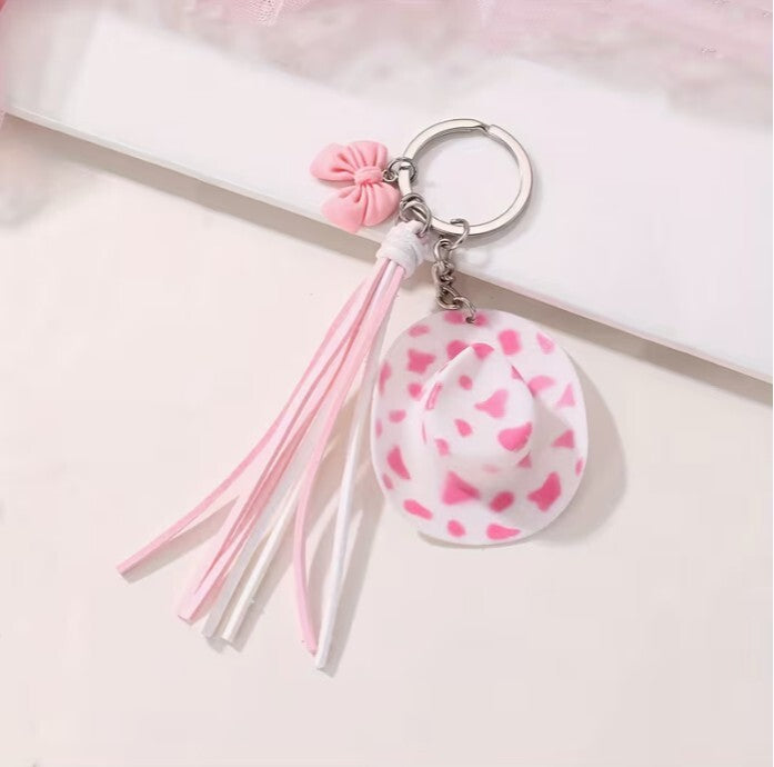 Betsey Johnson Pink Rockstar Guitar Purse & Cow Print Cowboy Hat Keychain