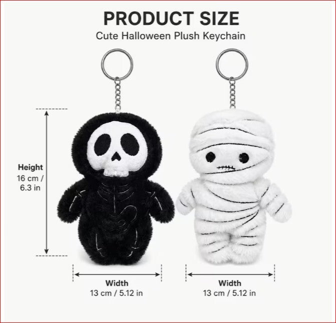 2pcs Halloween Plush Keychain Set - Skeleton & Mummy Soft Plush Keyrings