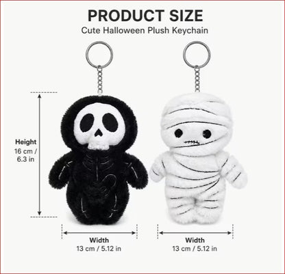2pcs Halloween Plush Keychain Set - Skeleton & Mummy Soft Plush Keyrings